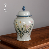 Shengshan antique hand-painted ceramic tea pot blue and white retro Narcissus general Puer tea storage tank tea tank sealed tank