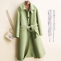 20 autumn and winter New avocado green wool coat long double-sided woolen coat womens woolen coat belt loose