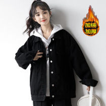 Autumn and winter New black plus velvet denim coat womens large size loose bf wind Joker spring and autumn students ins tide coat