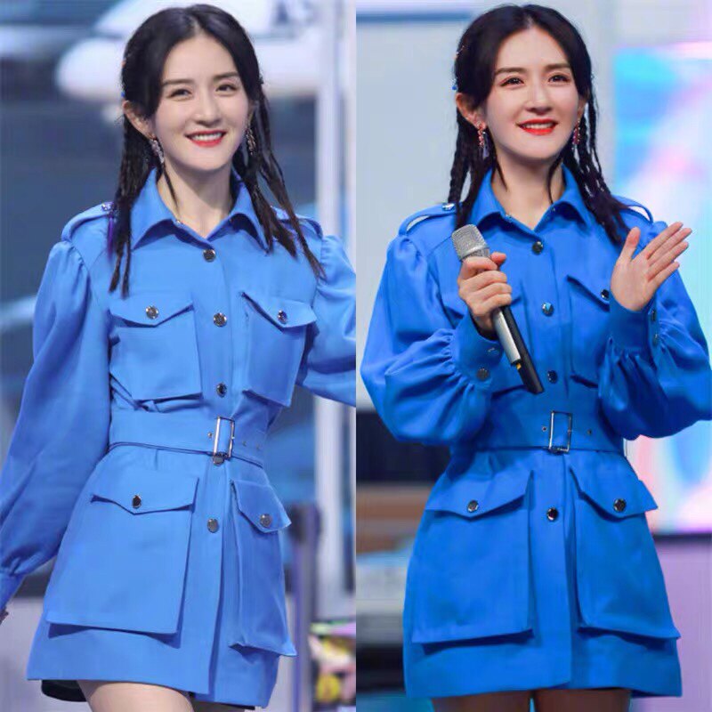 快乐大本营谢娜明星同款衣服秋季新中长口袋腰带灯笼袖风衣外套女