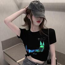 Hong Kong flavor Summer 2020 new Korean version of reflective cat strange flavor short top T-shirt women White round neck short sleeve ins