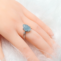 Natural Sea Blue Treasure Virgin Stone Ring Female one figure Crystal Haibao blue ring Ice seed Glutinous Seed Sea Sapphire A