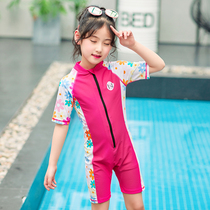 Korean Children's Swimsuit Girls One-piece Short Sleeve Swimsuit Girls Boys Full Sun Protection Student Elementary Middle Large Children's Swimsuit