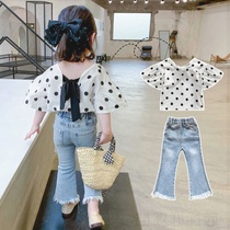 Girl Denim Horn Pants Suit 2020 Summer Dress Korean Version Children Ocean Gas Baby Summer Fashion Short Sleeves Two Sets
