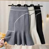 Knitted skirt womens autumn and winter New High waist ruffle a-shaped bag hip skirt slim long fishtail skirt winter skirt