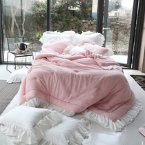 Korean bedding pink princess wind girl ruffle gauze cotton core quilting quilt set