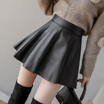 Small leather skirt skirt women 2021 autumn and winter new high waist slim fluffy a-line skirt umbrella skirt pleated skirt pants black