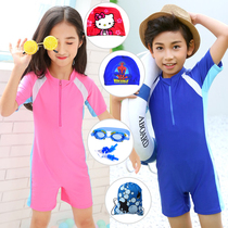 Childrens professional one-piece swimsuit male and female children quick-drying sunscreen middle-aged girl solid color conservative primary school swimwear