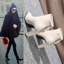 Martin booties womens 2021 new winter autumn and winter wild fashion thick-heeled high-heeled womens shoes beige plus velvet winter shoes