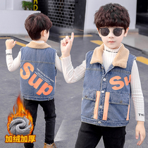 Childrens autumn and winter denim vest plus velvet denim jacket padded vest horse clip Korean tide boy 2020 New