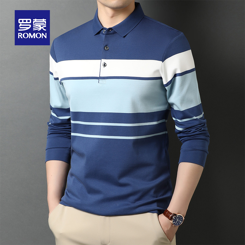 Romon striped T-shirt men fashion handsome casual cotton POLO shirt men official lapel striped dad outfit