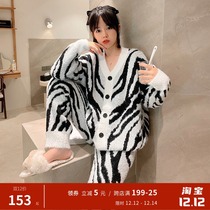 ins zebra pattern soft cardigan long sleeve trousers pajamas women autumn and winter thick coral velvet home suit