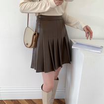 (Limited time 5 buckles) Skinny high waist PU leather pleated small A skirt E1229
