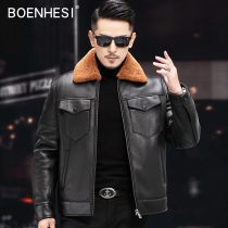 Winter men Henning original eco fur integrated thick coat turd collar short leather jacket sheep leather wool tooling