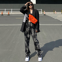 Dark country tide tie-dye jeans womens 2022 new spring and autumn straight loose high waist slim dark trendy trousers