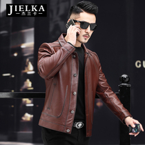 2021 Haining leather leather mens cowhide lapel motorcycle leather jacket mens down jacket tide thin coat
