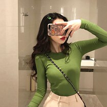 2021 avocado green cotton T-shirt women long sleeve slim body fit base Shirt chic top