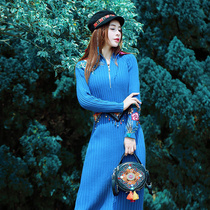 2021 new autumn and winter vintage national temperament literary knitted dress embroidered long skirt QZ0531