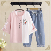 High school students summer suit female new Japanese style left and right color matching top two-piece college style casual sports suit