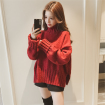 Tide brand red turtleneck sweater womens coat 2021 autumn and winter new warm Korean version of joker loose base sweater