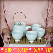 Tea rice square Japanese beam pot one pot four cups of Kung Fu tea shadow green solid color portable travel set personalized teapot