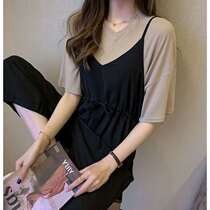 Summer Big Code Womens Dress Korean Version Loose Suit Short Sleeve T-shirt Woman Fashion Snowspun Broadleg Back Strap Pants Two Sets Tide