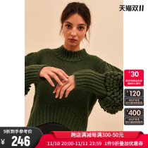 C MEO Multicolor French Style Cuff Puffer Ball Decoration Women's Half Turtleneck Knitwear Sweater