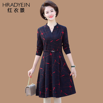 Middle-aged lady autumn dress 50-year-old mother dress temperament V-collar long sleeve knee long skirt middle-aged and elderly New
