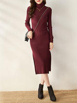 Dress 21 autumn and winter New long high collar French base slim knit split skirt bottom wear tide
