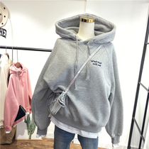 Plus velvet embroidered letters hooded Korean single fake two pieces stitching loose large size warm sweater womens hoodie simple trendy