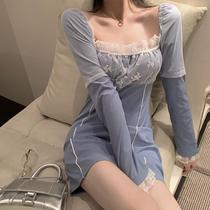 Net Yarn Strap Long Sleeve Dress Dress Woman Autumn Winter New Sexy Foreign Pistachio Seduces Bottom Reduction Age A Character Short Dress