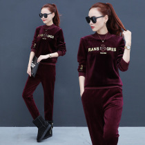 Sero fun velvet set women autumn and winter 2021 New plus velvet padded round neck sweater gold velvet two-piece Large size rest