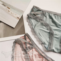 Hollow side open# Sexy Ice Silk Japanese and Korean court style lace edge cross lace-up low waist hip womens underwear