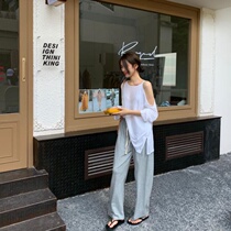 Two-piece suit again with sex ~ careful machine open-shoulder harness long sleeve T-shirt lazy comfort 100 lap casual pants woman
