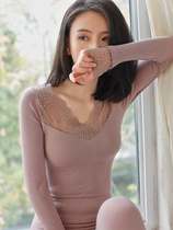 Japan Thermostatic Warm Underwear Suit Lady Beauty body low collar No-mark tight fit V lead lace fever autummy autummy pants