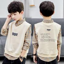 2021 autumn new boys spring and autumn long-sleeved shirt Western style middle and large childrens plaid shirt tide childrens Korean version of the top