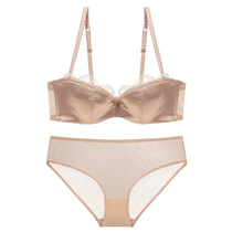 European and American Sexy Summer Half a thin cup of thin Lace Silk Satin Sexy Glossy Glossy White Bra Underwear Suit