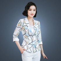 chic print small blazer Womens Mid-sleeve autumn short style casual temperament suit top Slim