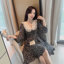 2020 autumn black small floral feminine long-sleeved dress waist thin temperament lace collar skirt