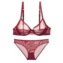 European and American red lingerie suit female senses Summer ultra-thin web yarn transparent perspective temptation to gather large size bra bra