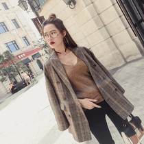 2021 autumn and winter new woolen small blazer womens mid-length Korean loose British style casual plaid suit