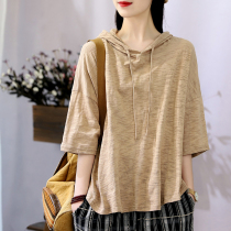 Han Soyi Retro Art Summer New Tandem Hat 50% Sleeve T-shirt Big Code Loose THIN PURE COLOR SHORT SLEEVE BLOUSE