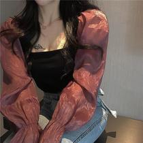 2022 Fashion Cardigan sexy square collar Design Sensation Snow Spinning Splicing Bubble Cuff Long Sleeve 100 Hitch Blouse Tide