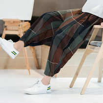 Plaid ankle-length pants Mens Loose Linen Pants Summer Thin Fat Plus Size Lantern Harlem Pants 9-point Pants Trend