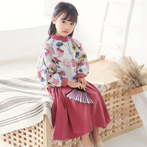 Hanfu girls suit Spring and Autumn childrens clothing cotton and hemp Chinese style retro style garden clothes Two-piece set of female baby Tang clothing