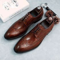 Lacing Business Positive Clothing Genuine Leather Burlock Carved pointed Inlen Mens leather shoes Summer groom Banquet Breathable wedding shoes