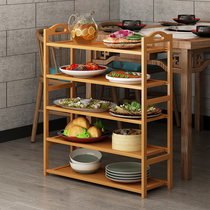 Economical kitchen hot pot shop vegetable rack Nanzhu storage rack Multi-layer household floor solid wood dining car commercial storage rack