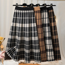 Knitted skirt womens autumn and winter New High waist slim long plaid a-shaped hip skirt winter dress wool long skirt