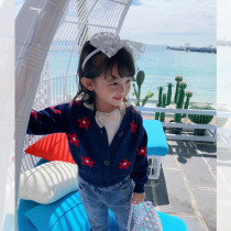 Childrens knitted cardigan spring and autumn girls wool baby blue flower short cardigan Korean long sleeve top