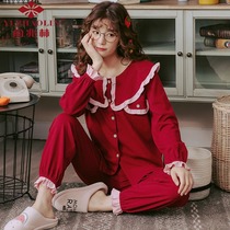 Yu one trillion Lin Pyjamas Womens Spring Autumn Season Long Sleeves Pure Cotton Korean Version Sweet and cute red Two suits The family is in the winter style